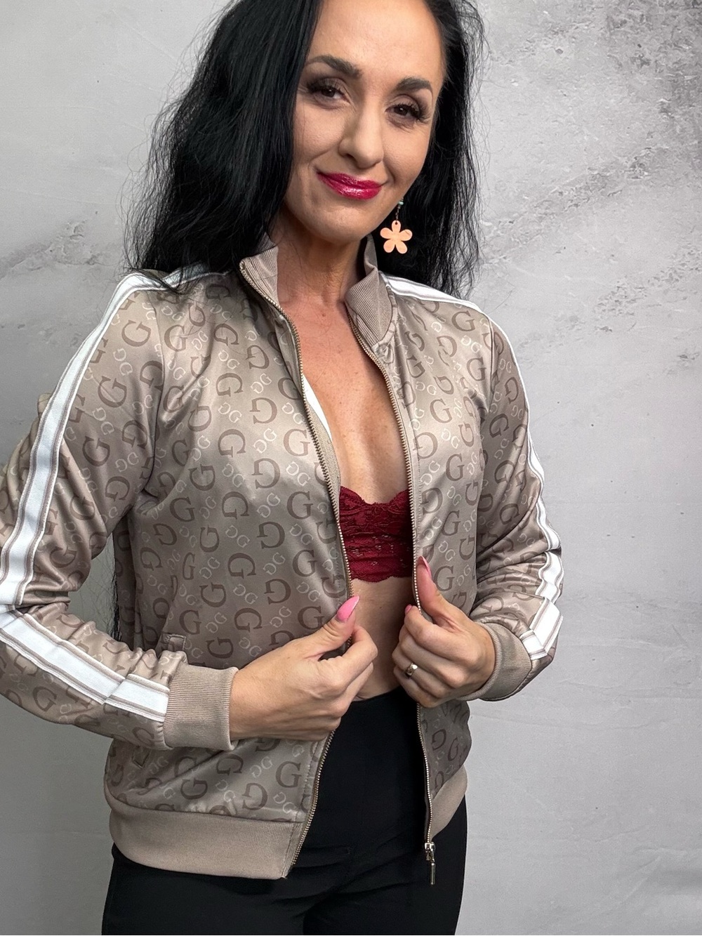 Guess Taupe Monogram Bomber Jacket with White Stripes